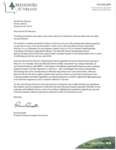 Letter from the Missouri Soybean Association endorsing Eric Schmitt for Attorney General
