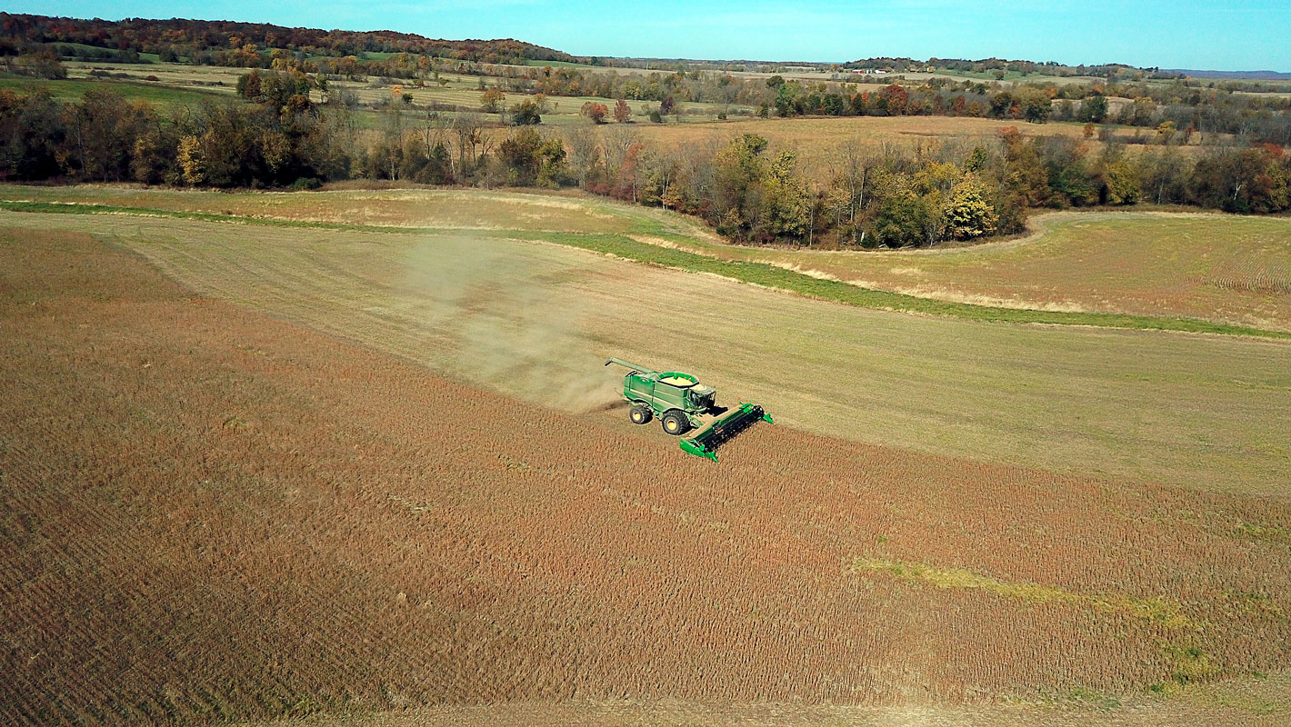 A machine harvesting soybeans